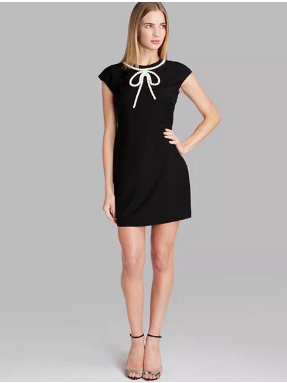Ted Backer Black Short Sleeve Shift Dress with White Bow Trim sz 1 (4)